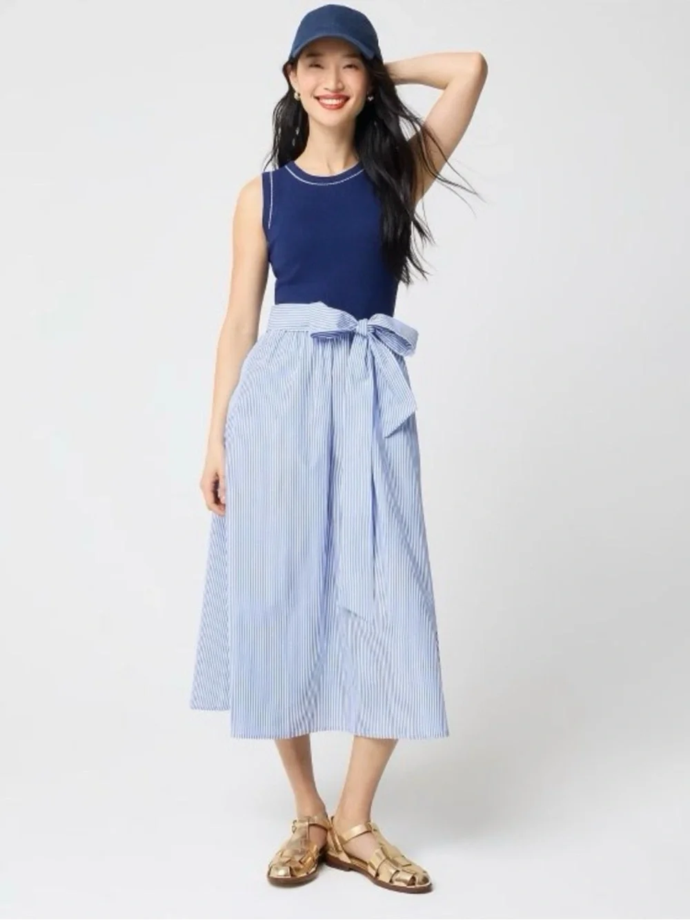 J Crew Navy top and blue Striped Tie-Waist Midi Skirt with pockets
